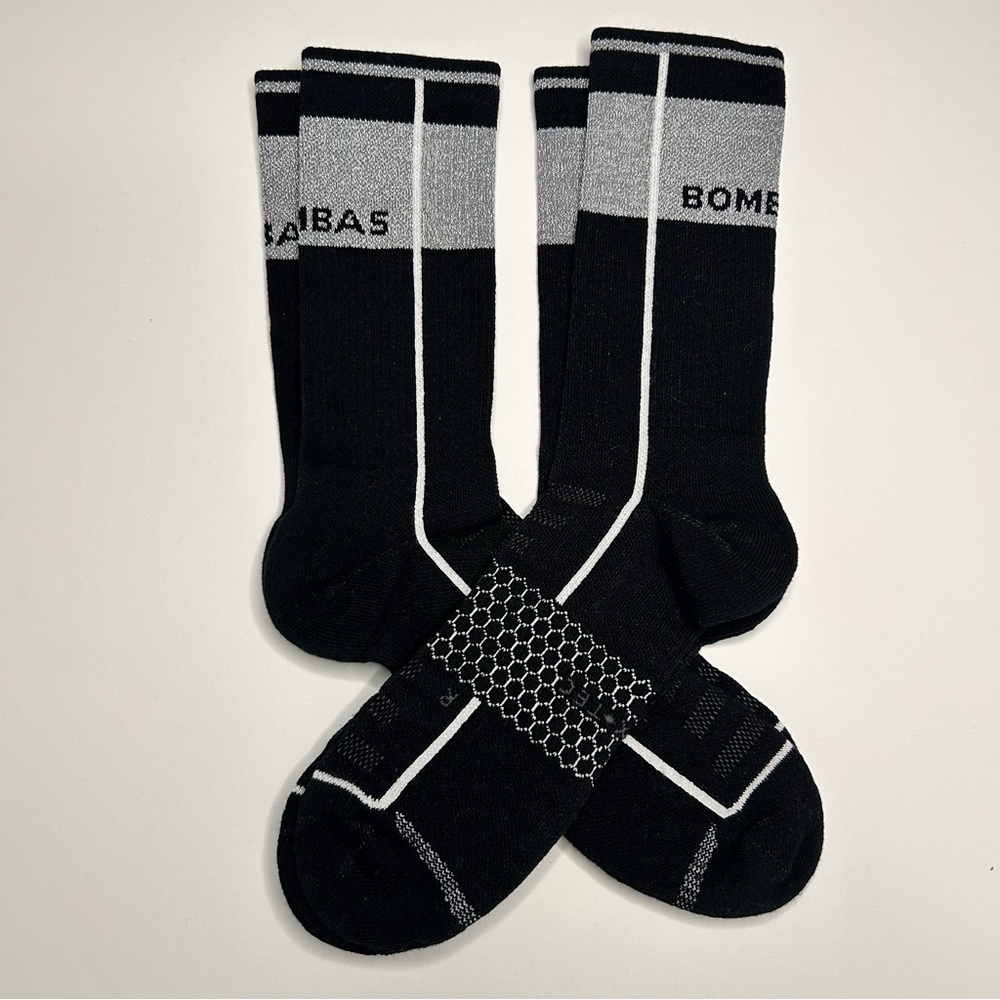 Bombas New 2 pair Reflective Performance Calf Socks X Large Black Silver Gray
